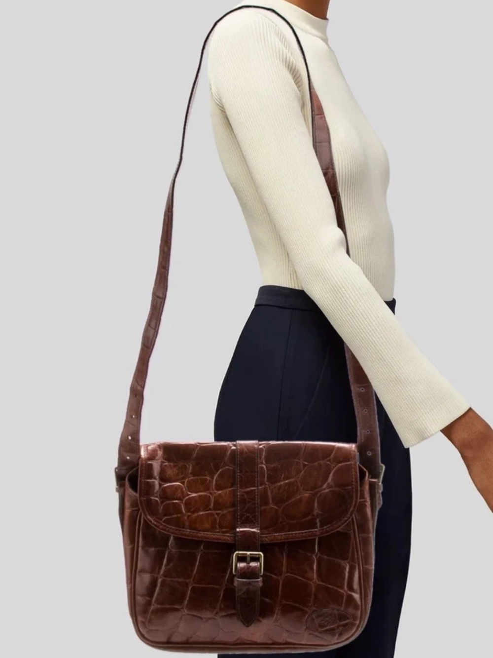 Mulberry Brown Croc-Embossed Leather Crossbody with Buckle Strap